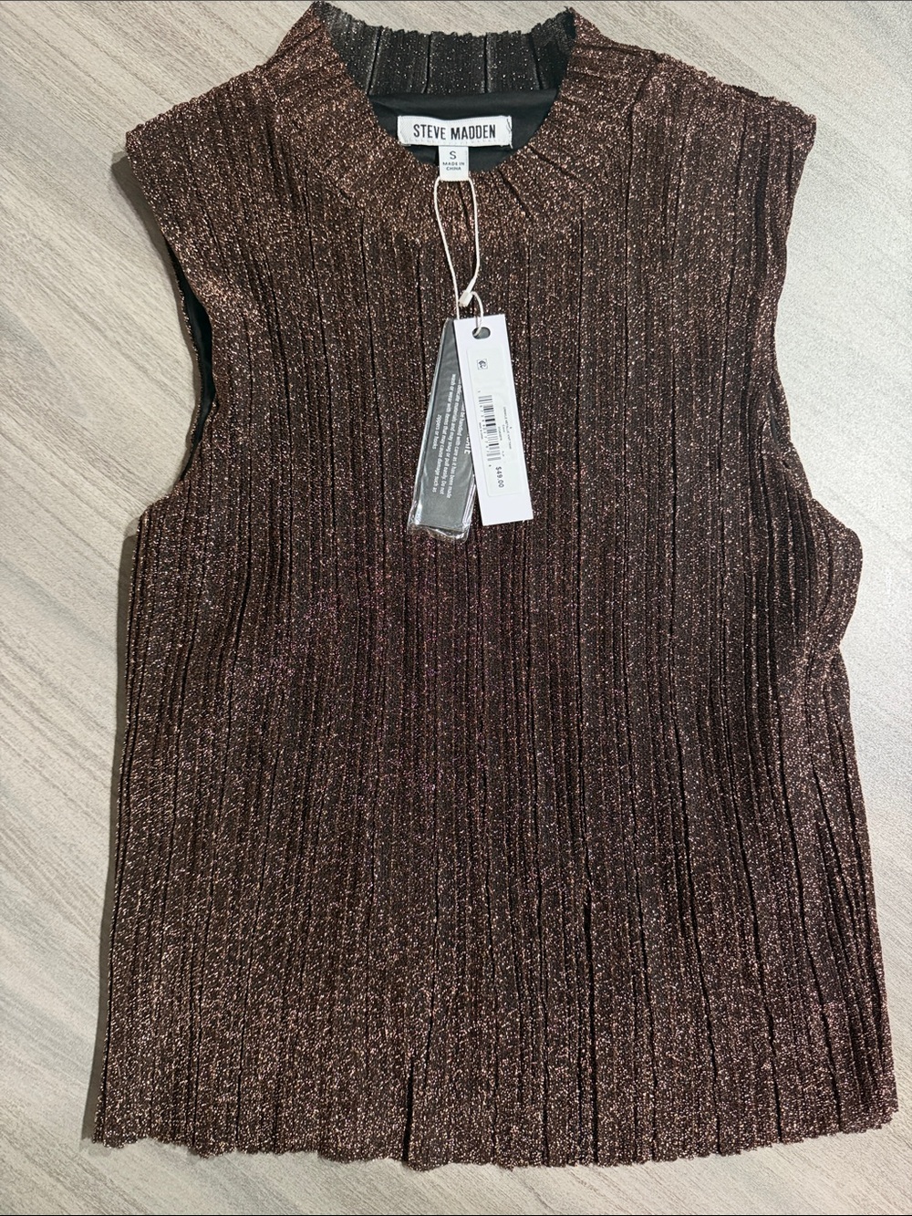 NWT Steve Madden Shimmer Metallic Ribbed Sleeveless Top in Bronze Brown S New